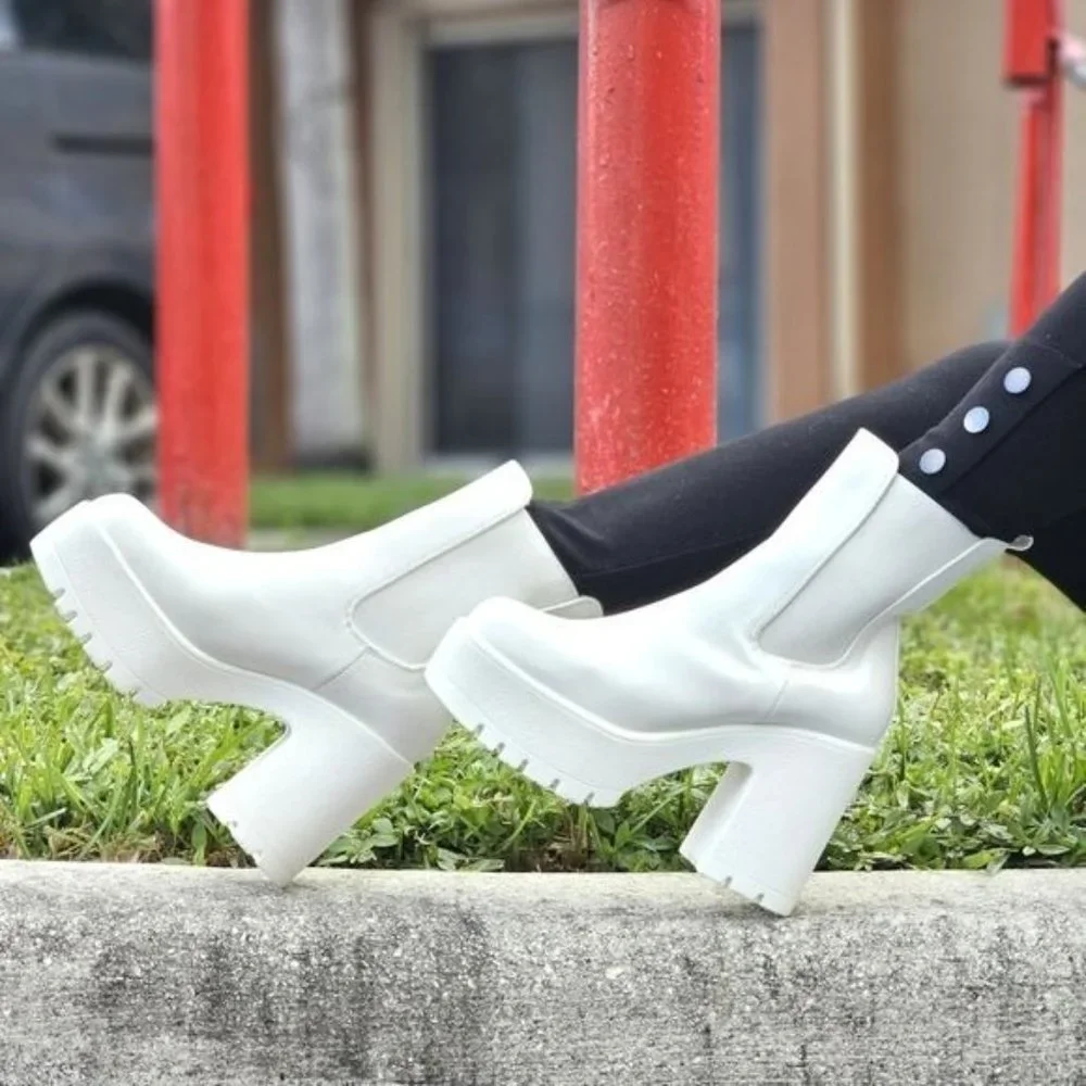 Women's Platform Heel Boots Chunky Ankle White Color - Picture 1 of 6